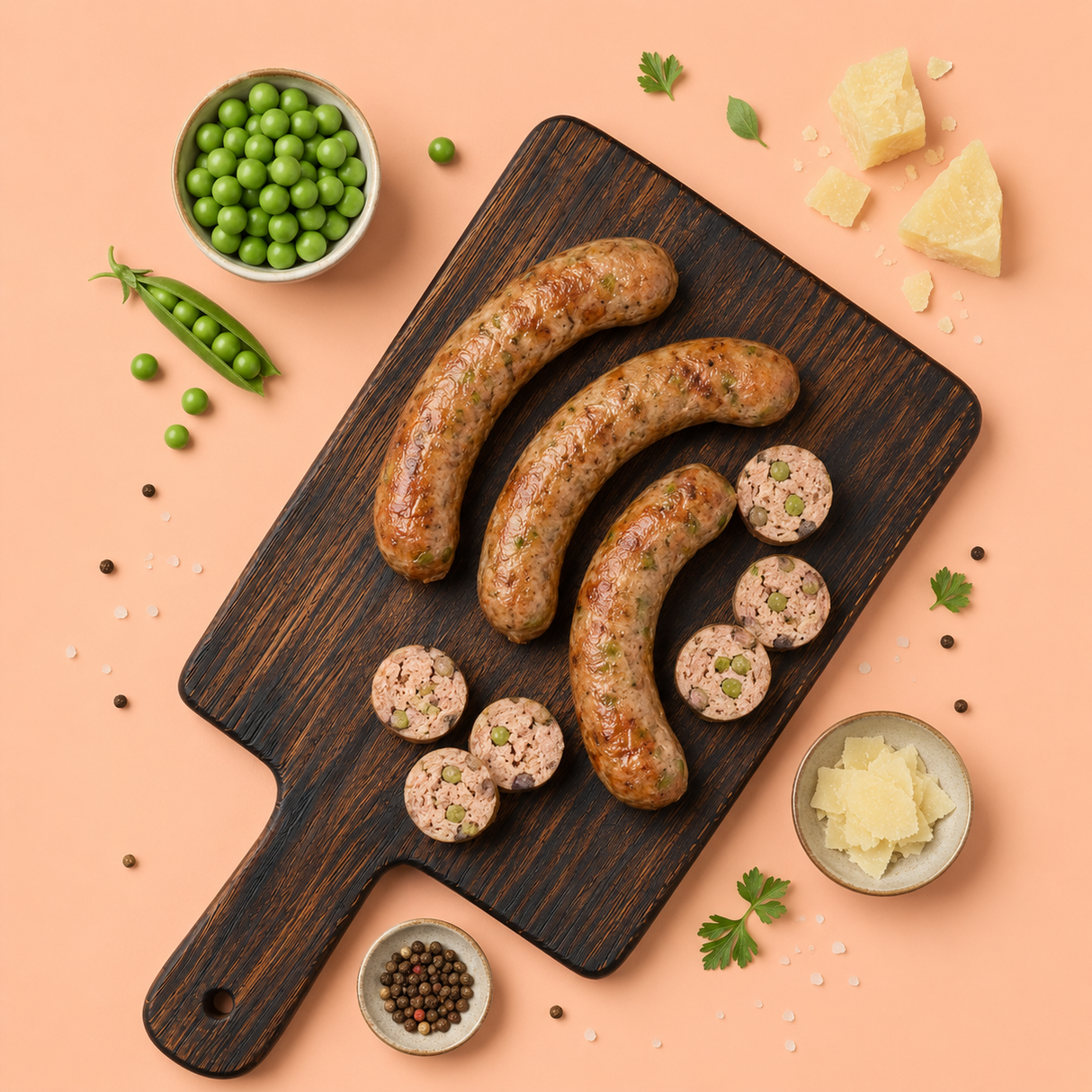 3 Saucisses au risotto de pois verts et parmesan (porc)