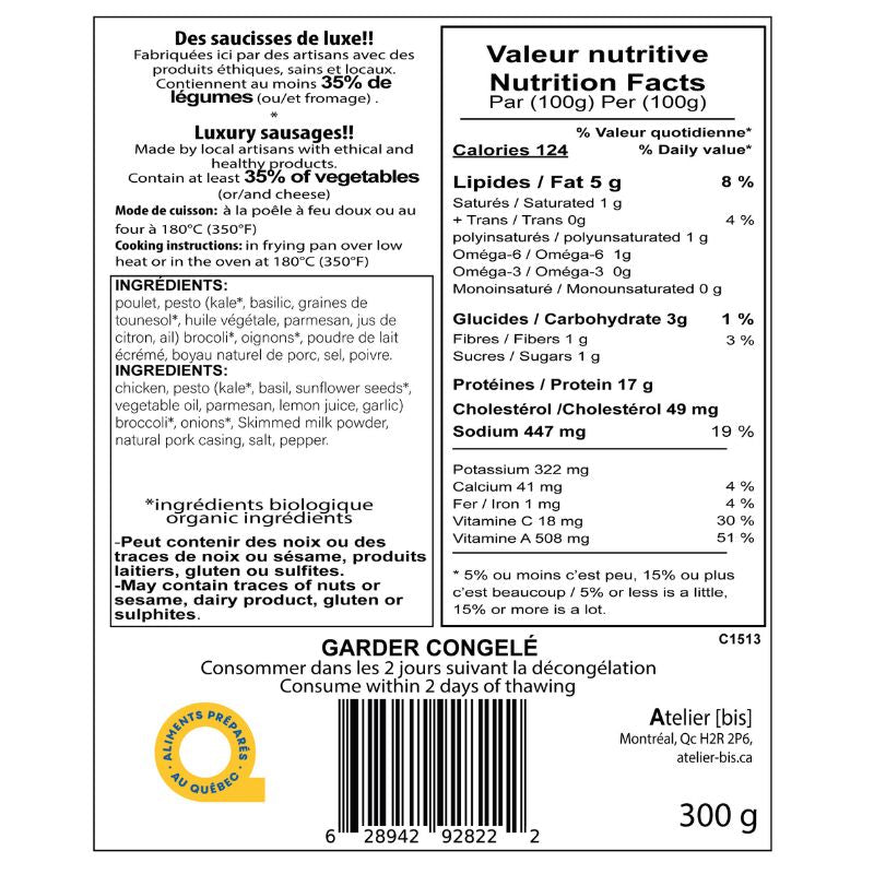 3 chicken sausages, pesto, kale, basil, broccoli