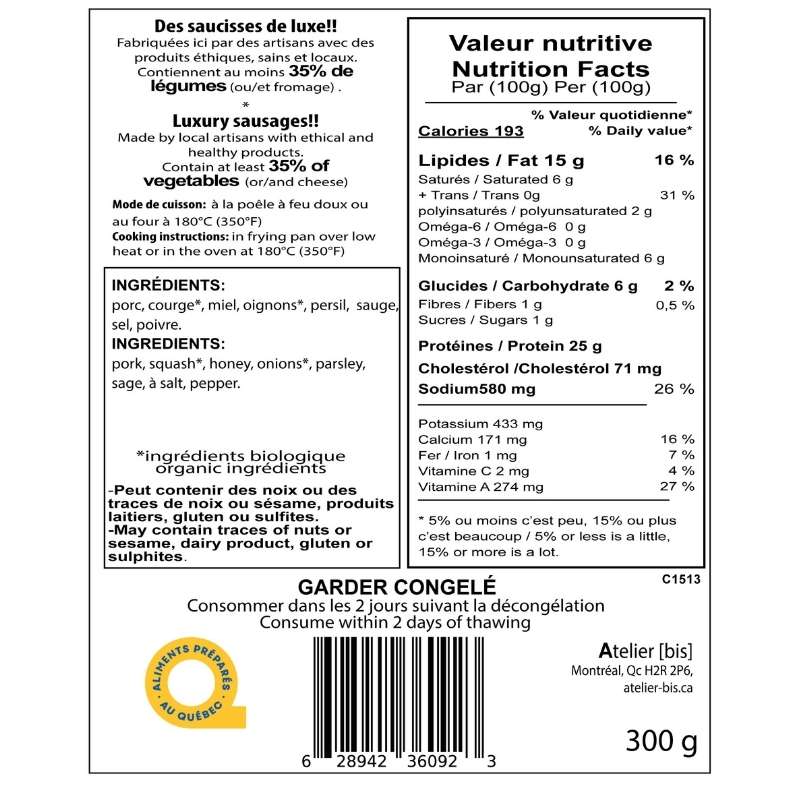 3 Pork Sausages – Squash, Honey & Sage