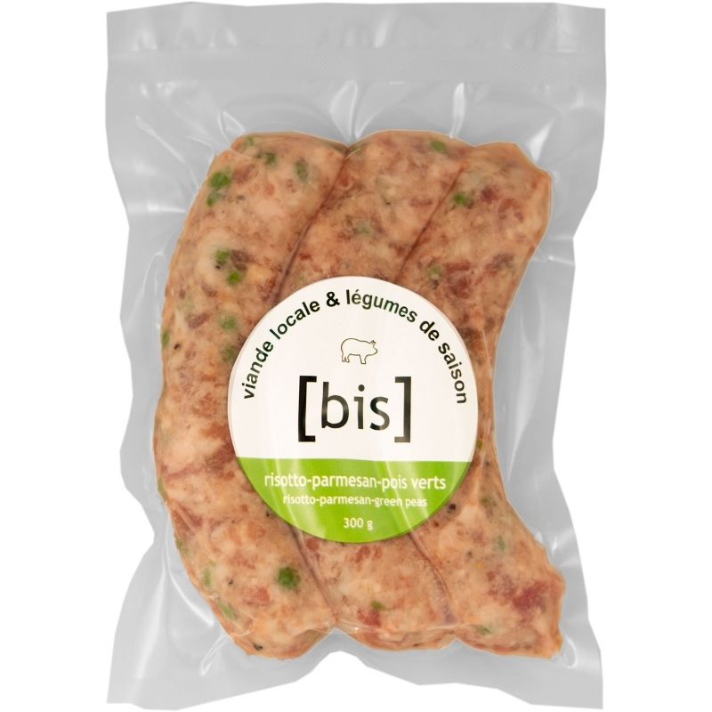 3 sausages with green pea risotto and Parmesan (pork)