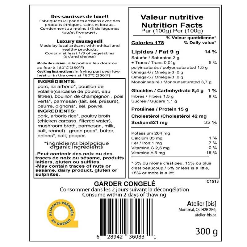 3 sausages with green pea risotto and Parmesan (pork)