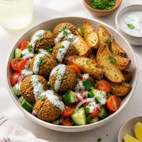 Bol aux falafels et quartiers de pommes de terre