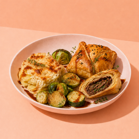 Feuilleté de bœuf, gratin dauphinois et légumes rôtis