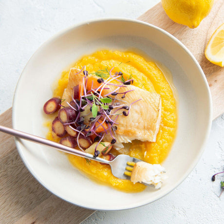 Turbot de la Gaspésie rôtie et purée à la courge musquée.