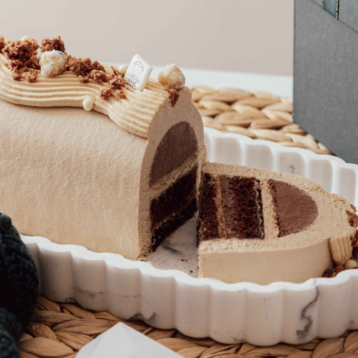 Caramel and chocolate praline log